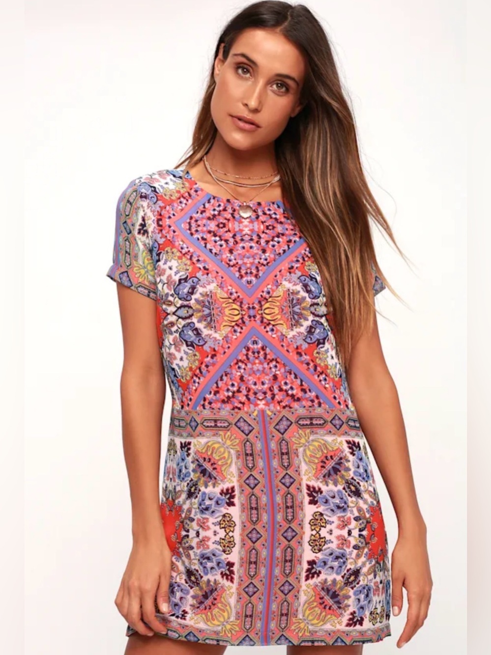 Lulu's Coral Multi-Print Floral & Paisley Blouse